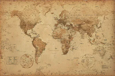 Antique Style World Map - Poster / Print (Size: 36  X 24 ) (Sepia / Brown) • $12.99