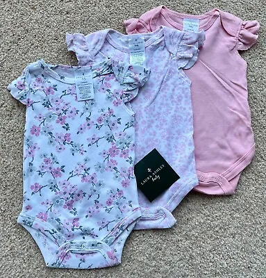 Laura Ashley Baby Girls Bodysuit 0-3 3-6 6-9 Months Pack Of 3 Pink White Floral • £4.95