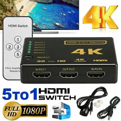 4K HDMI Switch Switcher 5 Port Splitter Hub IR Remote For HDTV PS3 5 In 1 Out UK • £6.99