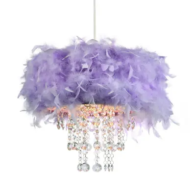 Contemporary Lilac Feather Pendant Light Shade With Transparent Acrylic Dropl... • £54.45