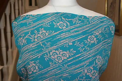 Vintage Japanese Kimono Silk Chirimen Fabric Turquoise Blue Cherry Blossoms 2 • £10