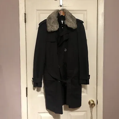 PACO RABANNE Double Breasted Black Trench Coat  Detachable Vest & Fur Collar S • $49