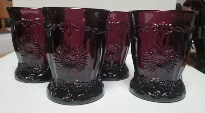 Set Of 4 MOSSER Purple Amethyst Dahlia Flower Glass Tumbler Cups • $24