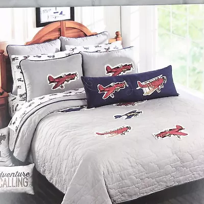 Airplane Applied Twin Quilt Set Bedspread Planes Gray Boys Cotton Sky Hawk 2PC • $64.97