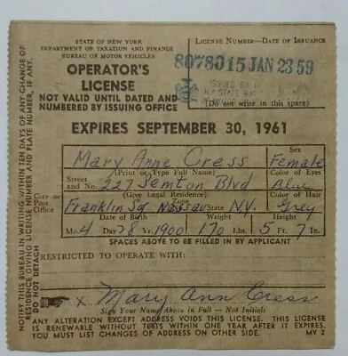 Vintage 1959-1961 New York State Operators Drivers License Brooklyn NYC DMV  • $17.99