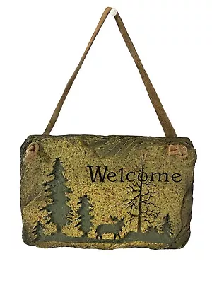 Moose Trees Welcome Sign Wall Plaque Leather Cord Decor Olive Green Hang 3.5x5” • $11