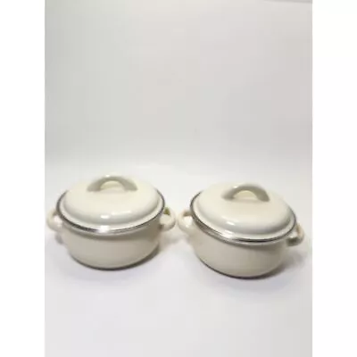 2 Megaware Cream Mini Cooking Pots .5 Qt/4.5 L W/ Lid Made In Spain Enamelware • $26