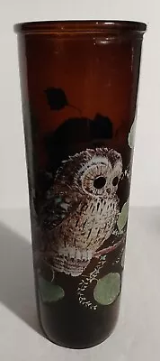 Vintage 1970's Tall Brown Glass Candle Jar Holder Owl Scene 9  So Cute & Unused! • $14