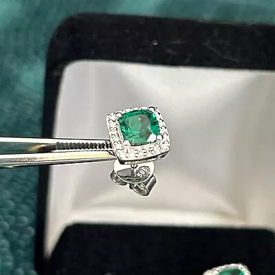 14K Solid White Gold 5.2 Mm Emerald  Diamond Halo Stud Earrings • $400