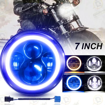 7  Inch LED Motorcycle Headlight Projector Blue Halo DRL Angel Eyes For Harley • $29.99