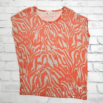 Michael Kors Womens Top Large Sequin Cap Sleeve Orange Gray Print Scoop Pullover • $15.96