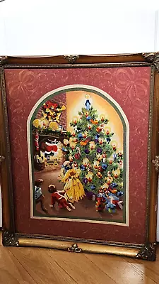 Vintage Framed 19X15 Hand Embroidered Picture Santa Clause Tree Children • $49.99