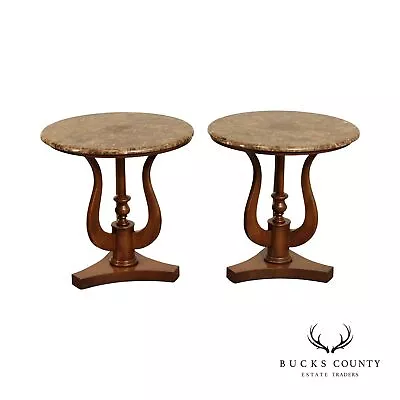 Drexel Heritage Empire Style Pair Round Marble Top Side Tables • $1495