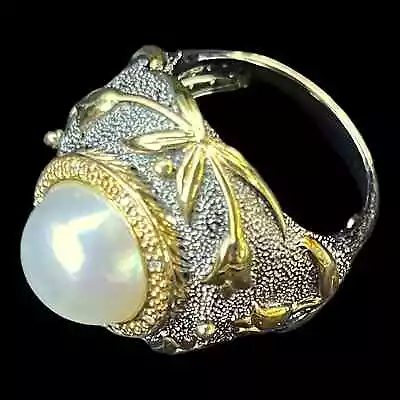Vintage Pearl Gold Wash Diamond Art Nouveau Oxidized Ring Sterling Silver Sz 9 • $49.99