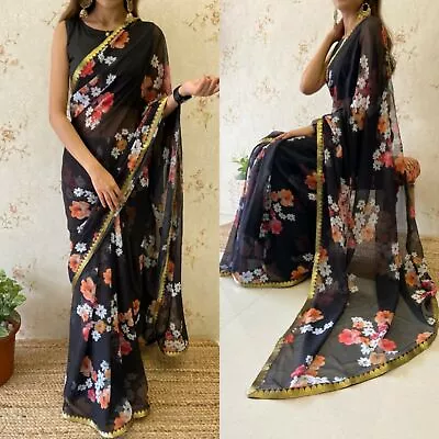 Georgette Designer Ethnic Sari Blouse Party Wear Black Pakistani Floral Saree • £29.35