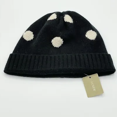 NWT J. Crew 100% Cashmere Black Knit Beanie Cap Hat White Polka Dots OS • $30