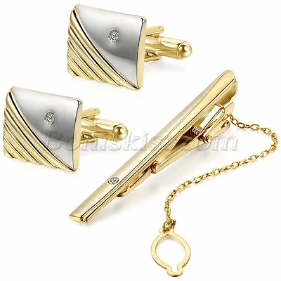 Polished Gold Tone Metal CZ Cufflinks Tie Bar Clasp Clip Set Men's Modish Gift • $9.99