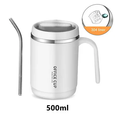 500ml Insulated Coffee Mug Travel Cup Thermal Stainless Steel Flask With Straw • £7.59