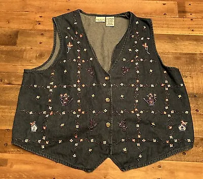 Vintage Bobbie Brooks Women Plus Size 18W/20W Embroidered Denim V-Neck Vest Blue • $15.99