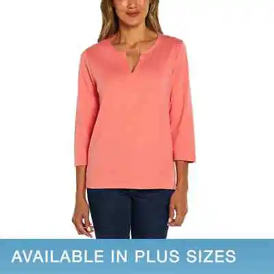 Orvis ¾ Sleeve Split Neck Top Slight Hi-Low Hem Fit | I42 • $21.50