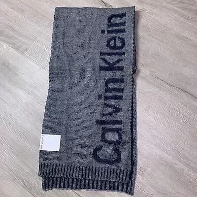 Calvin Klein Mens Scarf Logo One Size Warm Winter Heather Navy Grey • $9.34