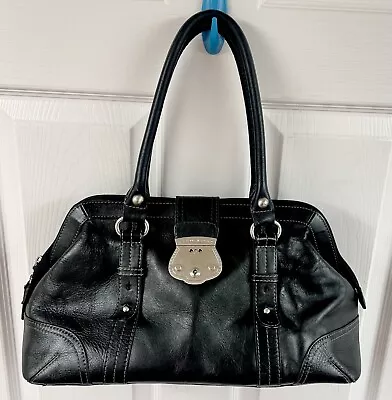 Etienne Aigner Black Leather Handbag Purse Satchel Tote Doctor Bag Silver Trim • $26.99