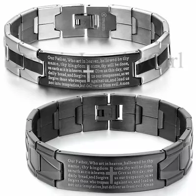 8.3  Mens English Bible Prayer Cross Stainless Steel Cuff Bangle Bracelet*16MM • $14.99