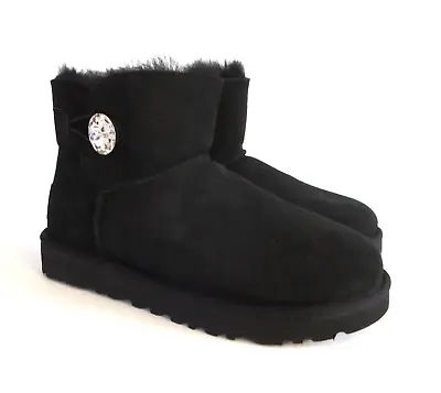 Ugg Mini Bailey Button Bling Boot (6) Black Suede/Sheepskin Swarovski Crystal • $89.99