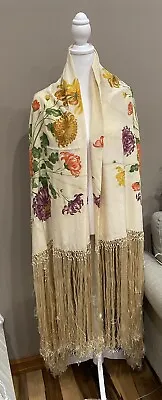 Vintage Hand Painted Silk Piano Shawl With Long Fringe Edges • $190