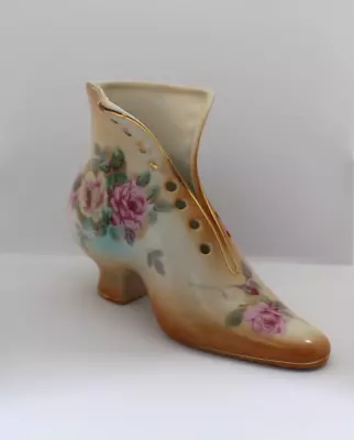 Victorian Style Painted Roses Ceramic Shoe 6  Gold Color Trim RS Reproduction • $27.98