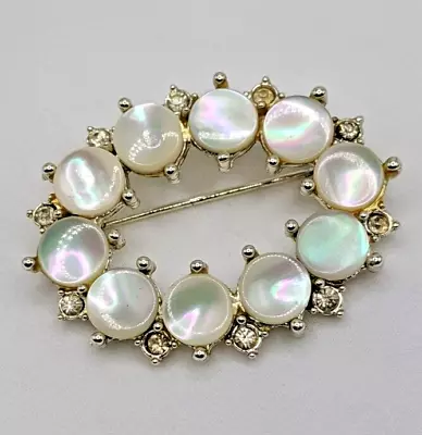 Vintage Mother Of Pearl Brooch Pin Oval Wreath Gold Tone Rhinestone Estate • $9.99