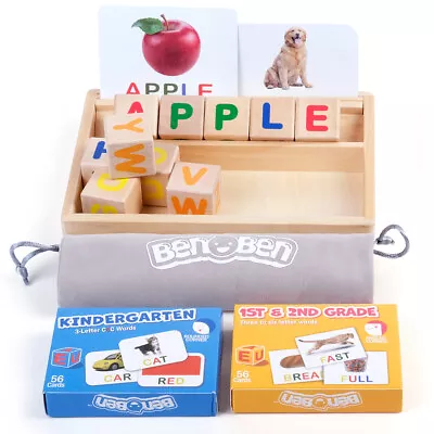 Wooden Blocks Spelling Game Alphabet Letters Matching Flash Cards Kids Toys Gift • $17.09