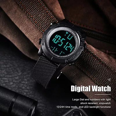 Digital Sports Watch Military Tactical LED Backlight Wristwatch Waterproof Black • $7.58