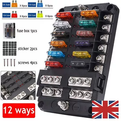 12Ways Blade Fuse Box Holder &24 Standard Blade Fuses For Car Camper Van 12V 24V • £12.99