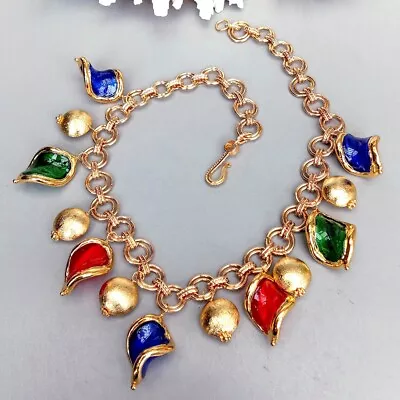 Multi Color Murano With Gold Plated Edge Brushed Beads Charm Choker Necklace • $19.99
