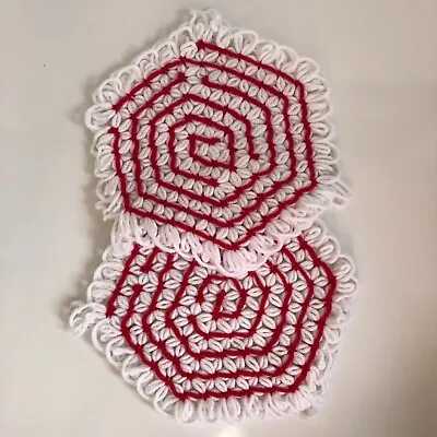 Amish Handmade Crochet Loom Red & White Candy Mint Octagon Trivet Potholders • $6.38