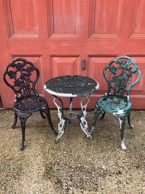 £95 • Buy Vintage Cast Aluminium Bistro Set / Table & Two Chairs Garden Set Rose Pattern