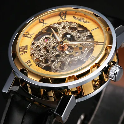 Mens Mechanical Hand Wind Up Leather Strap Sport Steampunk Skeleton Wrist Watch • £19.47