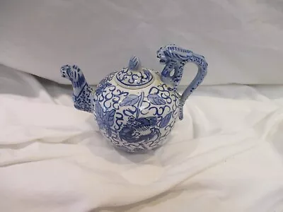 Vintage Asian Oriental Blue White Dragon Chinese Teapot Signed • $3