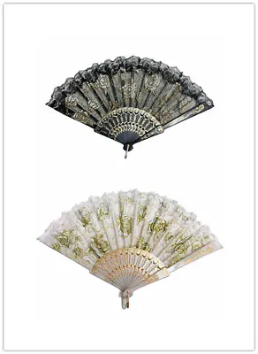 Handmade Ladies Lace Rose Design Plastic Folding Hand Fan + FREE GIFT 046048 • $6.99