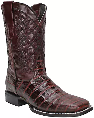 Men Crocodile Belly Print Genuine Leather Wide Square Toe Boots Cherry • $79