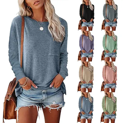 Womens Plain Pullover Blouse Shirts Casual Long Sleeve Crew Neck Tops Tee Spring • £10.19
