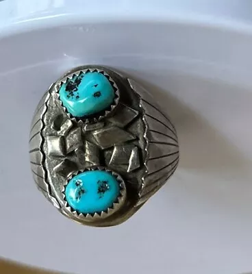 Vintage Navajo Old Pawn Men Ring Sterling Silver Turquoise Size 12 Brutalist 25g • $250