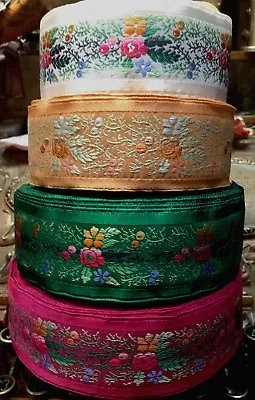 Vintage Embroidered Jacquard Ribbon 1 3/4  Trim Satin Edges 1yd Made In France • $23.99