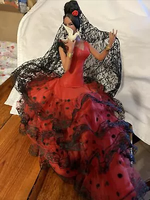 Flamenco Dancer Doll On Stand Marin Clickana Red & Black Lace With Dove 11” • $18.99