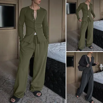 INCERUN Mens V Neck Long Sleeve Tops Shirt Wide Leg Pants Trousers Under Suit • $36.70