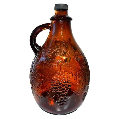 Vintage Maywood Glass 1 GALLON Brown Amber Wine Bottle Jug Grapes WITH LID 1930s • $38.99