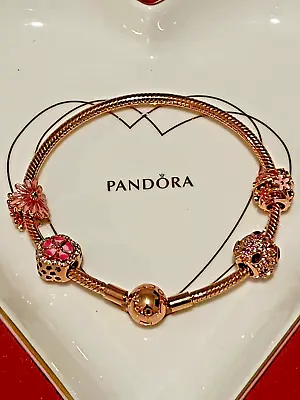 Pandora Rose Gold Snake Chain Bracelet With 4 Charms • £150