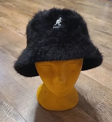 VINTAGE Kangol Bucket Bin Hat BLACK Furgora Fuzzy Angora Blend SIZE L • $27.95