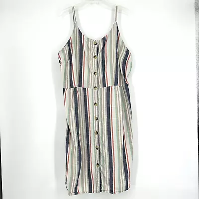 Mlle Gabrielle Beige Blue Stripe Button Front Shirt Dress Woven Pockets Size 3X • $9.75